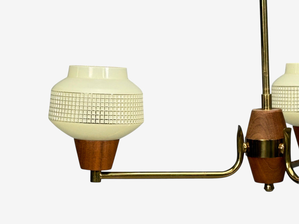 Swedish Modern, Pendant Light, Brass Teak, Textured Glass, Sweden, 1950s