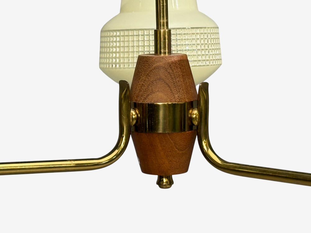 Swedish Modern, Pendant Light, Brass Teak, Textured Glass, Sweden, 1950s