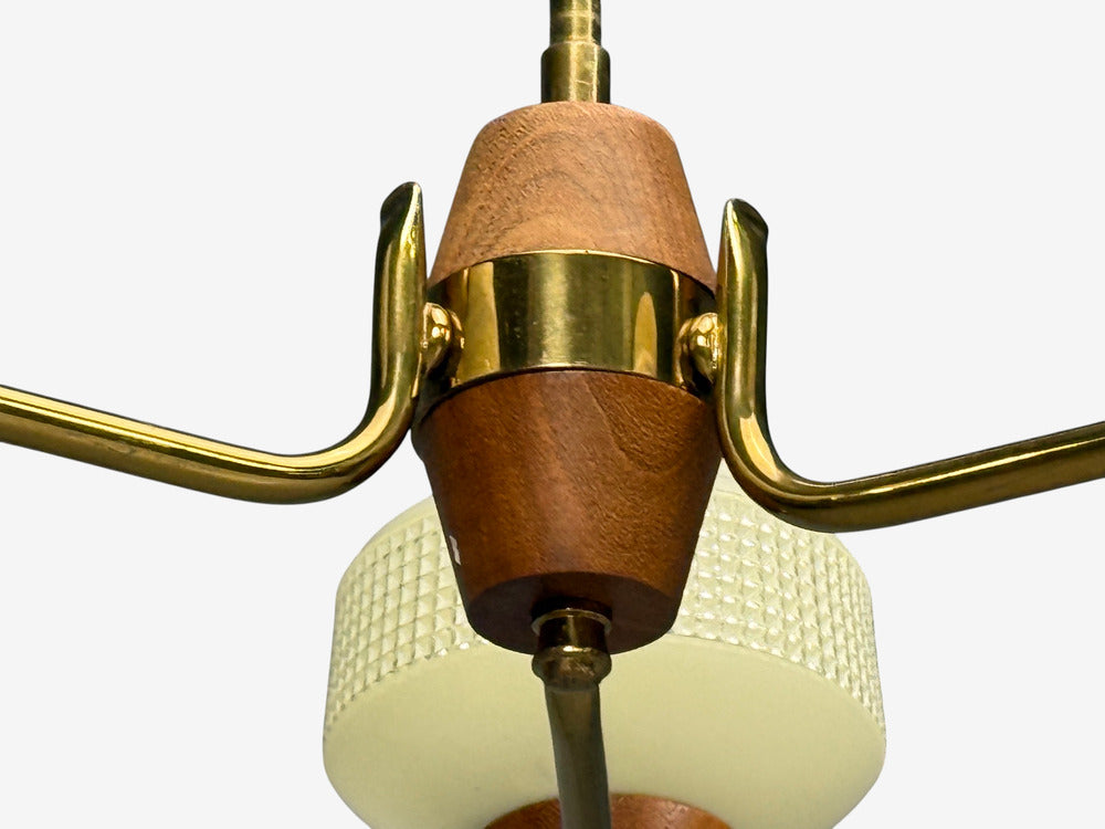 Swedish Modern, Pendant Light, Brass Teak, Textured Glass, Sweden, 1950s
