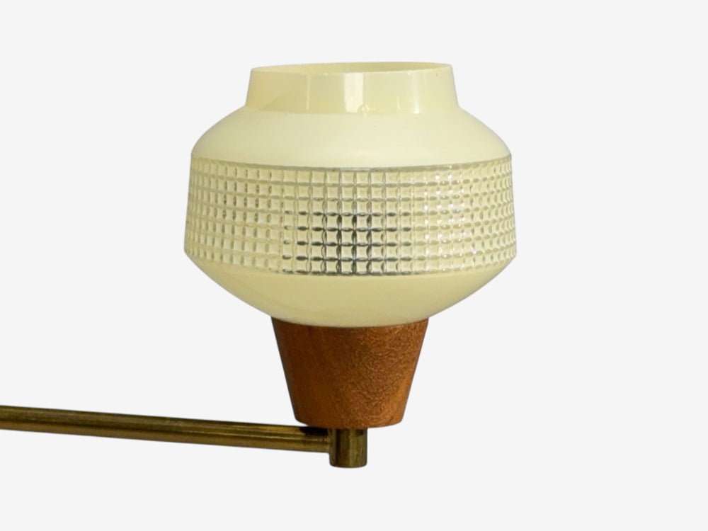 Swedish Modern, Pendant Light, Brass Teak, Textured Glass, Sweden, 1950s