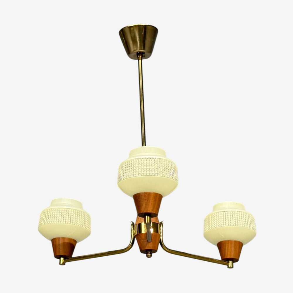 Swedish Modern, Pendant Light, Brass Teak, Textured Glass, Sweden, 1950s