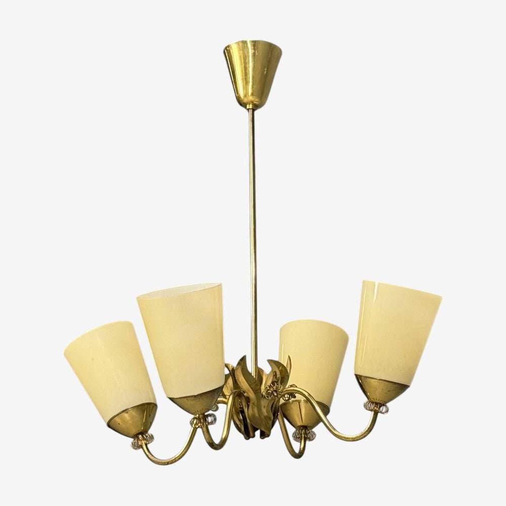 Itsu Oy, Finnish Modern, Chandelier, Brass, Opal Glass, Finland, 1950s