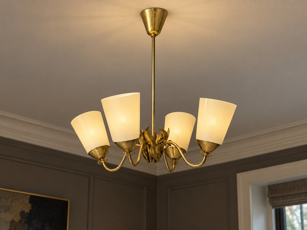 Itsu Oy, Finnish Modern, Chandelier, Brass, Opal Glass, Finland, 1950s