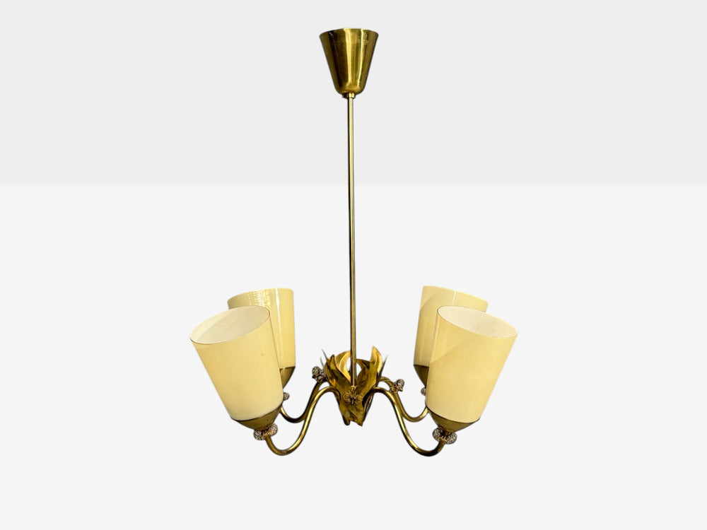 Itsu Oy, Finnish Modern, Chandelier, Brass, Opal Glass, Finland, 1950s