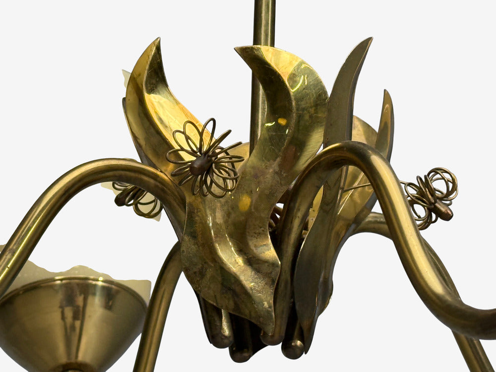 Itsu Oy, Finnish Modern, Chandelier, Brass, Opal Glass, Finland, 1950s