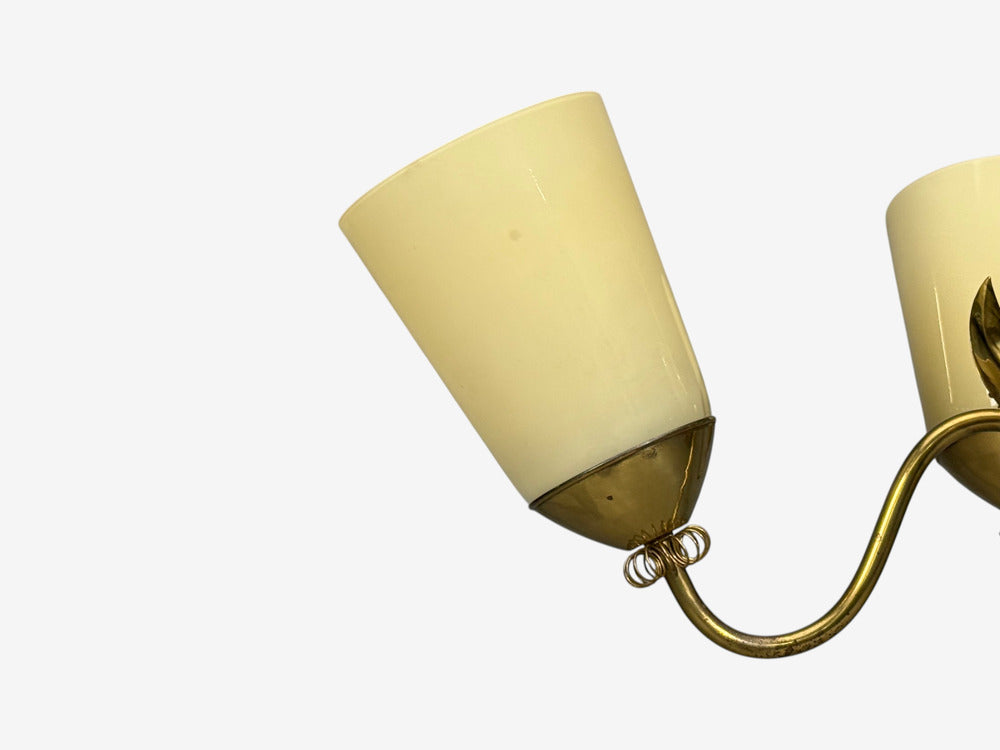 Itsu Oy, Finnish Modern, Chandelier, Brass, Opal Glass, Finland, 1950s