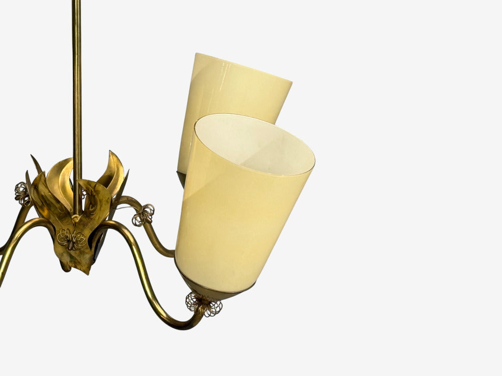 Itsu Oy, Finnish Modern, Chandelier, Brass, Opal Glass, Finland, 1950s