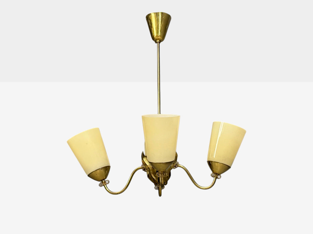 Itsu Oy, Finnish Modern, Chandelier, Brass, Opal Glass, Finland, 1950s