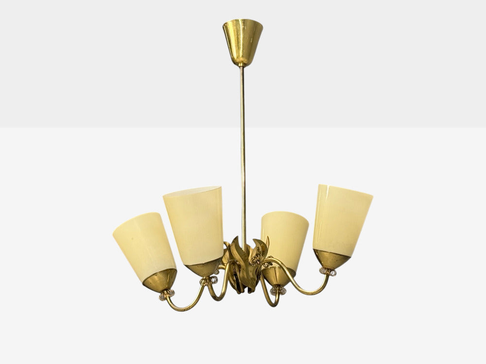 Itsu Oy, Finnish Modern, Chandelier, Brass, Opal Glass, Finland, 1950s