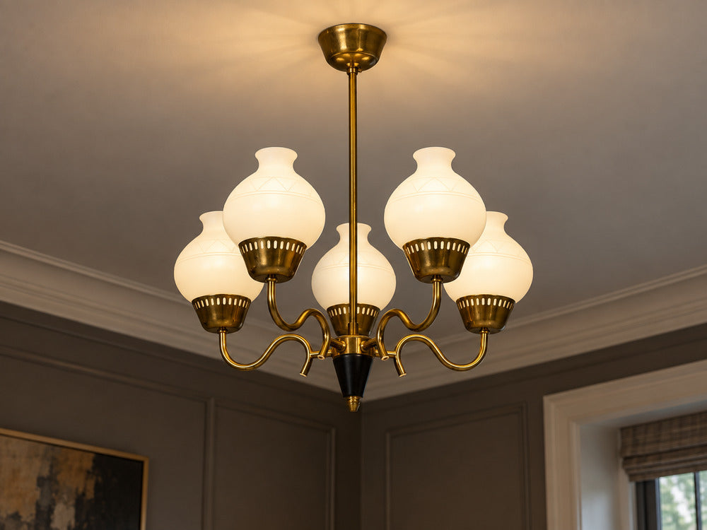 Danish Modern, Pendant Light, Brass, Etched Glass, Denmark, 1950s