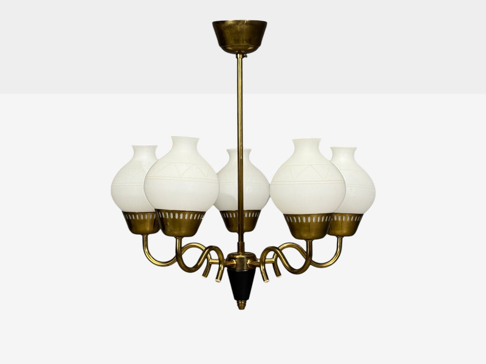 Danish Modern, Pendant Light, Brass, Etched Glass, Denmark, 1950s