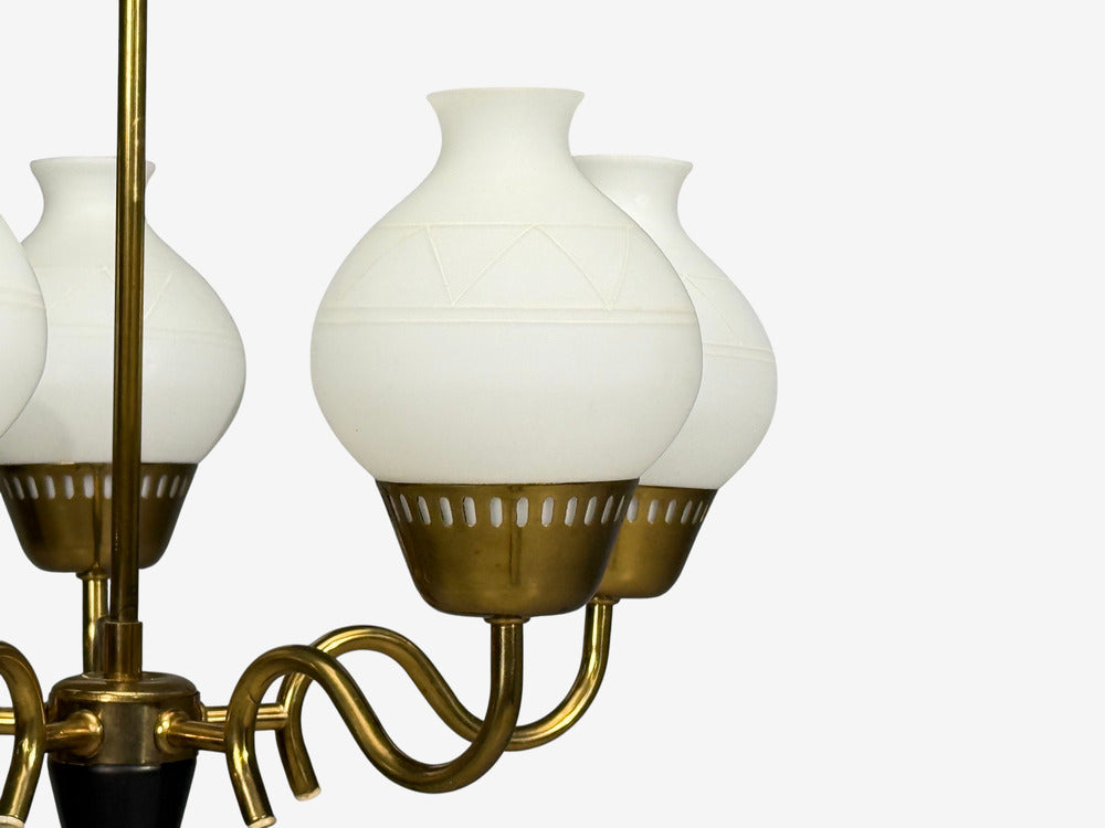 Danish Modern, Pendant Light, Brass, Etched Glass, Denmark, 1950s