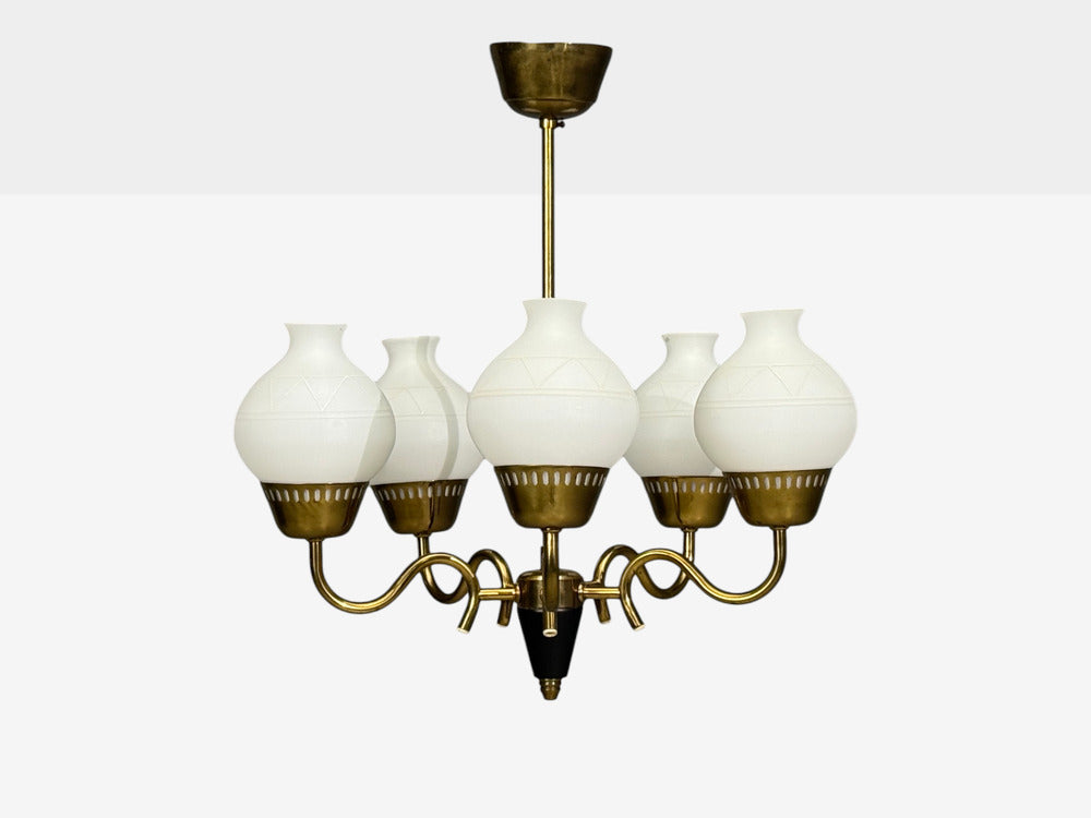 Danish Modern, Pendant Light, Brass, Etched Glass, Denmark, 1950s