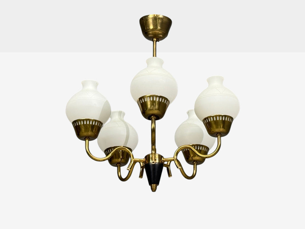 Danish Modern, Pendant Light, Brass, Etched Glass, Denmark, 1950s