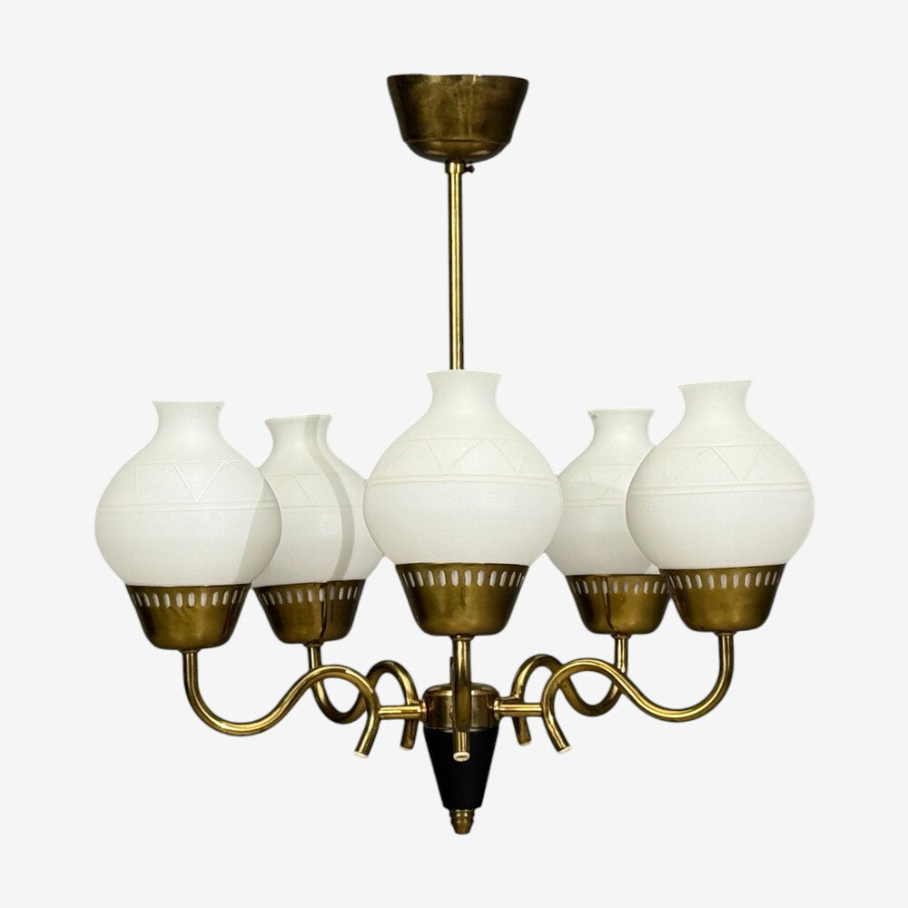 Danish Modern, Pendant Light, Brass, Etched Glass, Denmark, 1950s