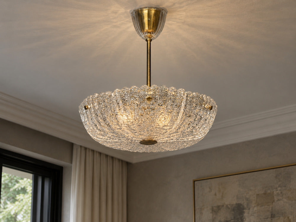 Carl Fagerlund, Chandelier, Textured Glass, Brass, Sweden, 1960s