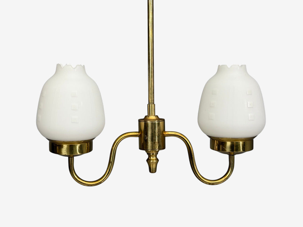 Swedish Modern, Pendant Light, Etched Opal Glass, Brass, Sweden, 1950s