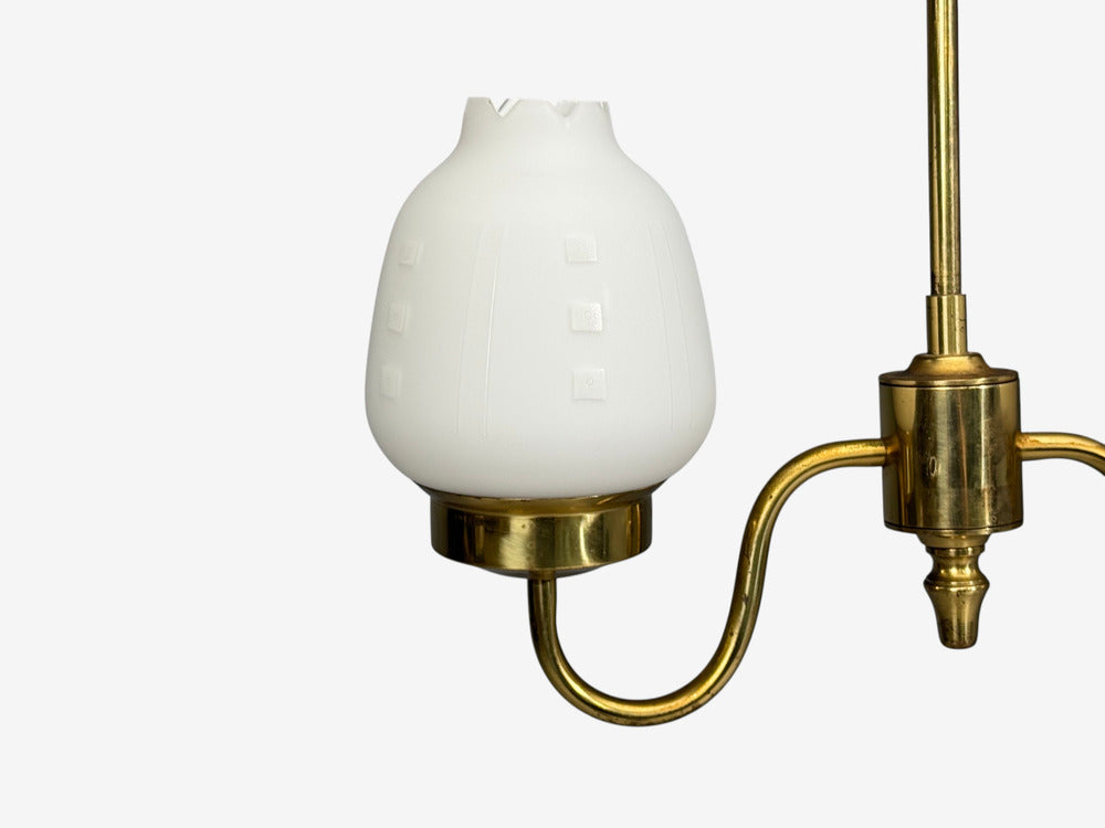Swedish Modern, Pendant Light, Etched Opal Glass, Brass, Sweden, 1950s