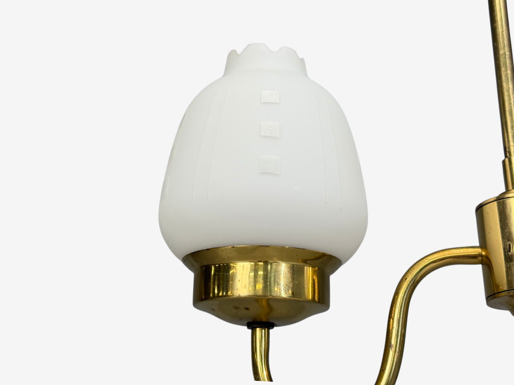 Swedish Modern, Pendant Light, Etched Opal Glass, Brass, Sweden, 1950s