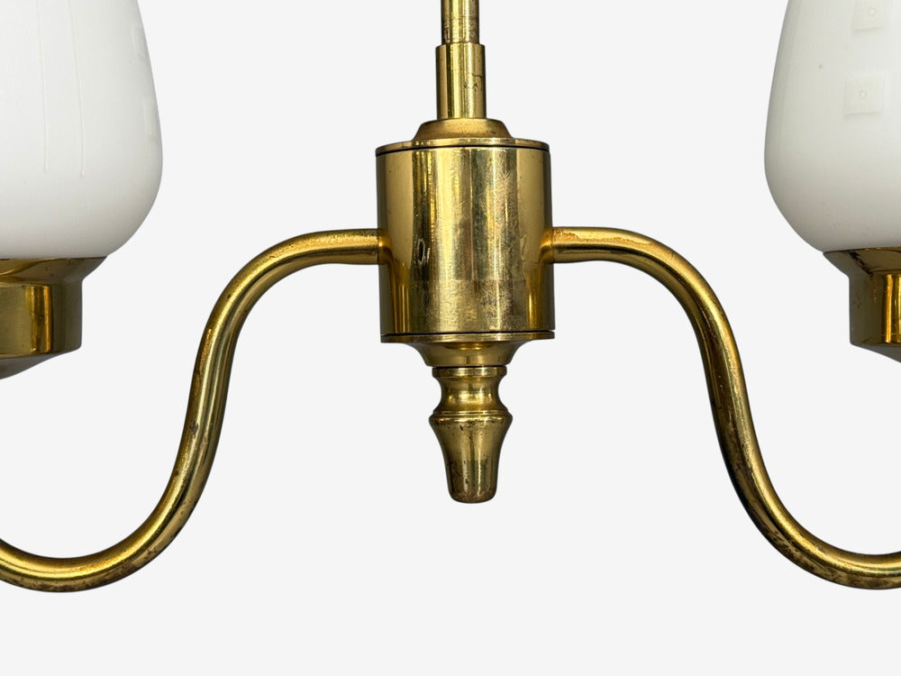 Swedish Modern, Pendant Light, Etched Opal Glass, Brass, Sweden, 1950s