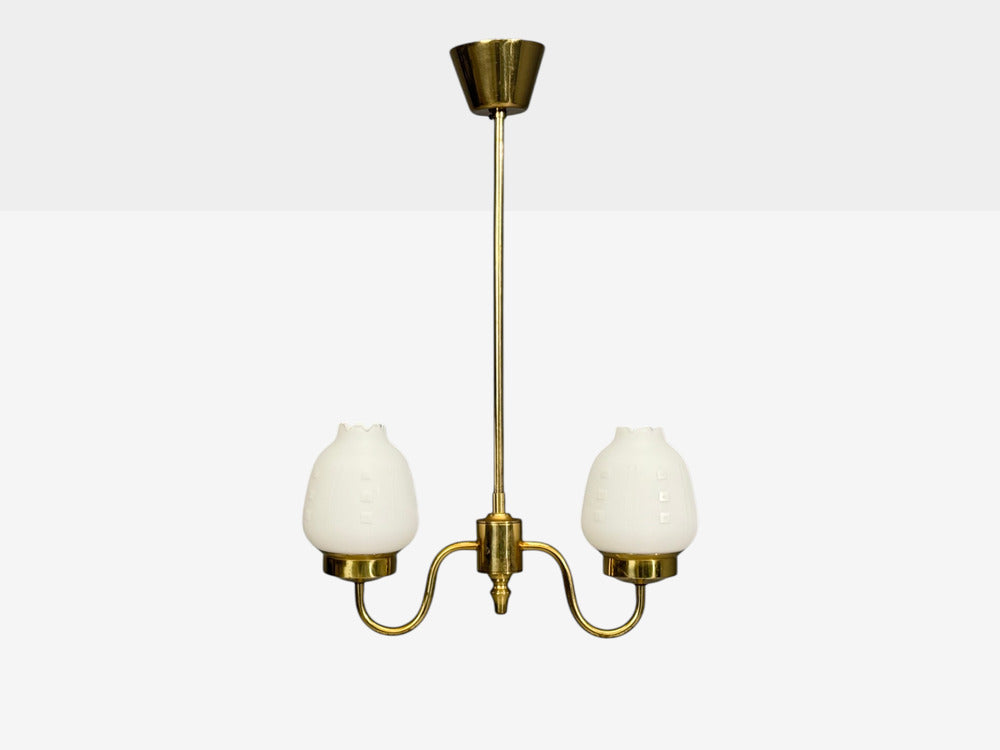 Swedish Modern, Pendant Light, Etched Opal Glass, Brass, Sweden, 1950s