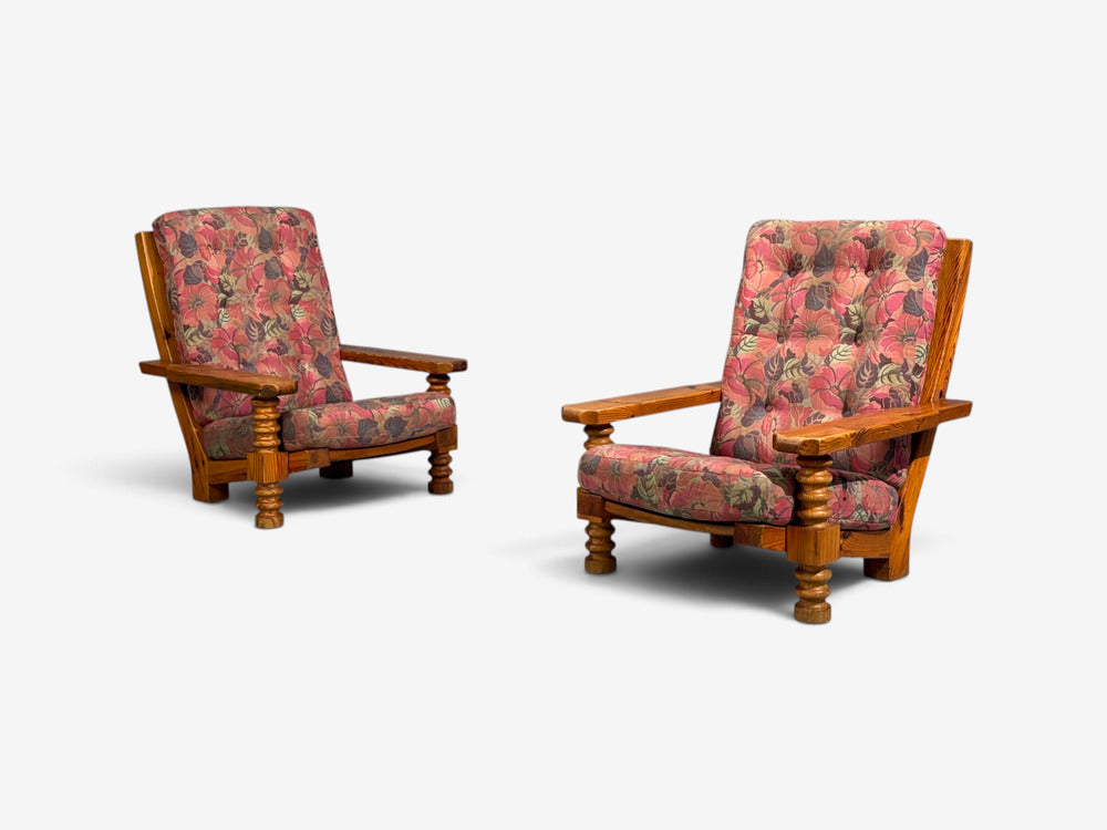 Collden, Brutalist Lounge Chairs, Pine, Fabric, Sweden, 1970s