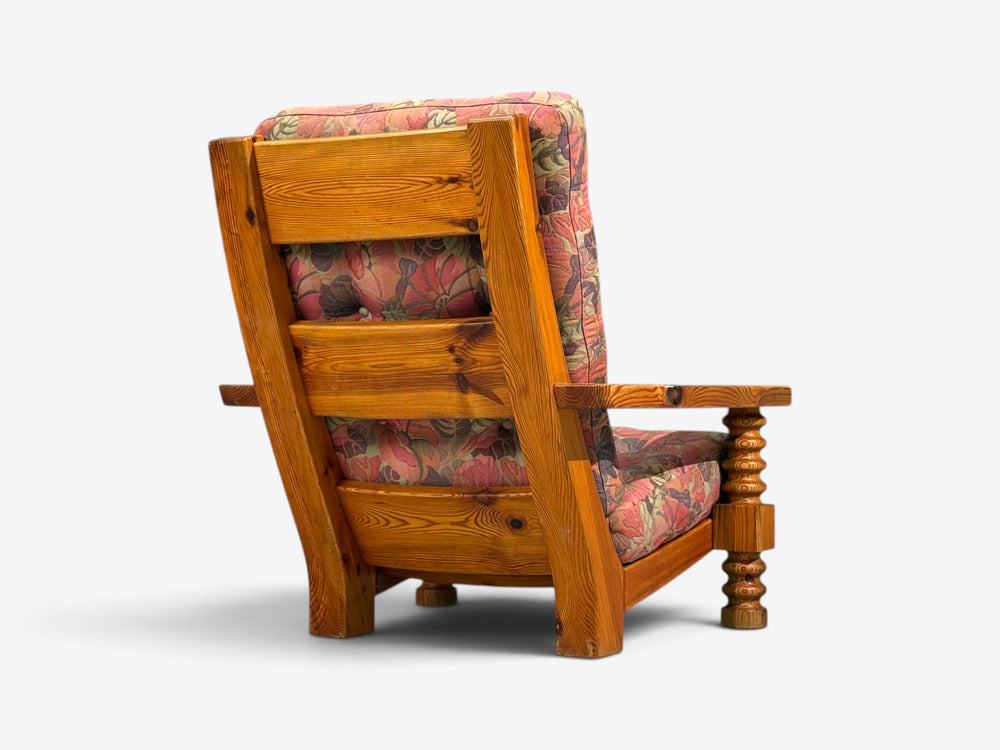 Collden, Brutalist Lounge Chairs, Pine, Fabric, Sweden, 1970s