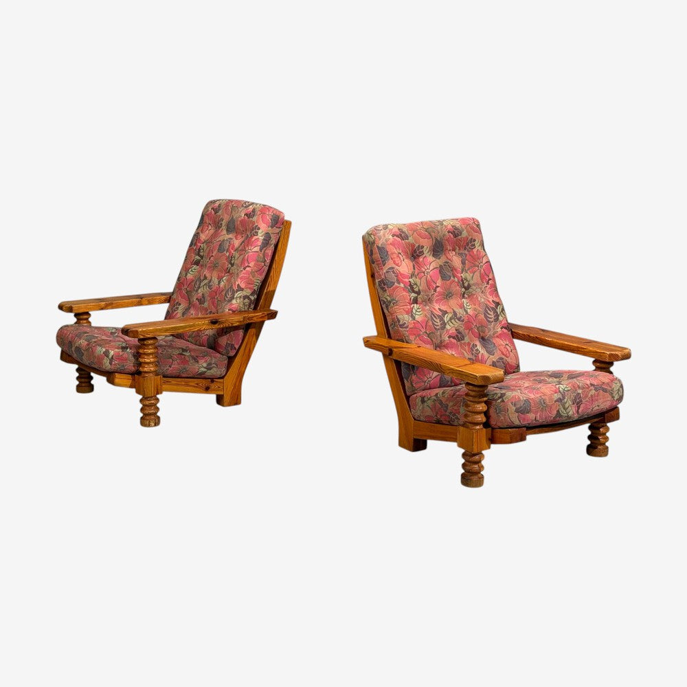 Collden, Brutalist Lounge Chairs, Pine, Fabric, Sweden, 1970s