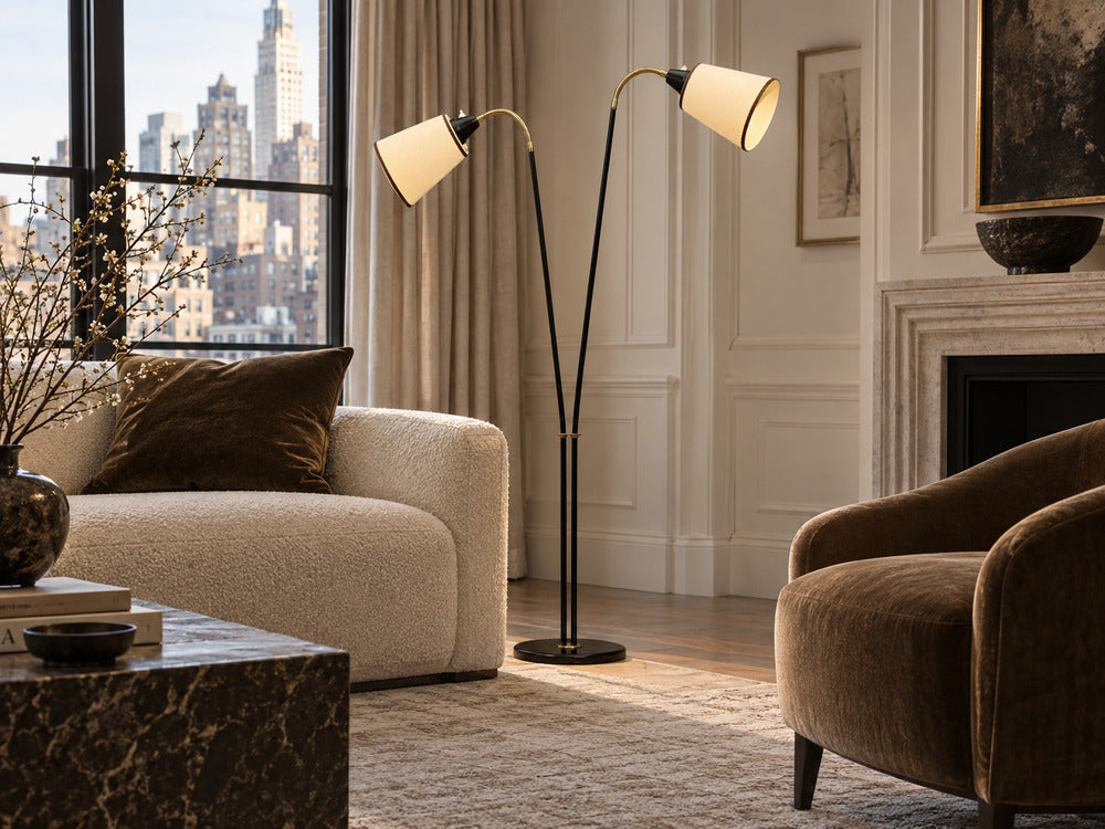 Swedish Modern, Floor Lamp, Black Lacquered Metal, Brass, Fabric, Sweden, 1960s
