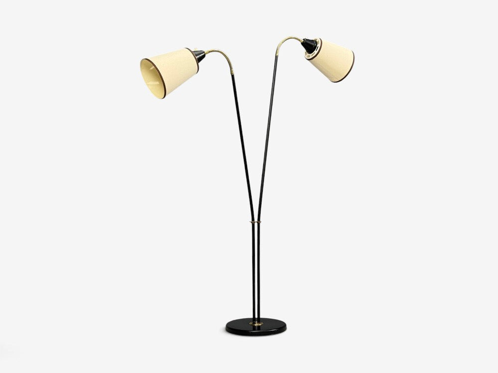 Swedish Modern, Floor Lamp, Black Lacquered Metal, Brass, Fabric, Sweden, 1960s