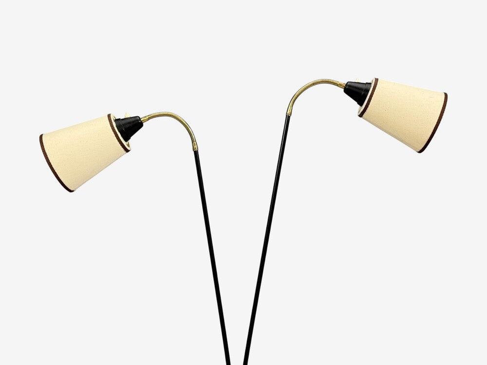 Swedish Modern, Floor Lamp, Black Lacquered Metal, Brass, Fabric, Sweden, 1960s
