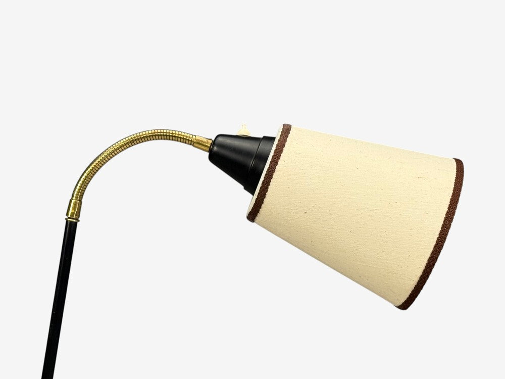 Swedish Modern, Floor Lamp, Black Lacquered Metal, Brass, Fabric, Sweden, 1960s