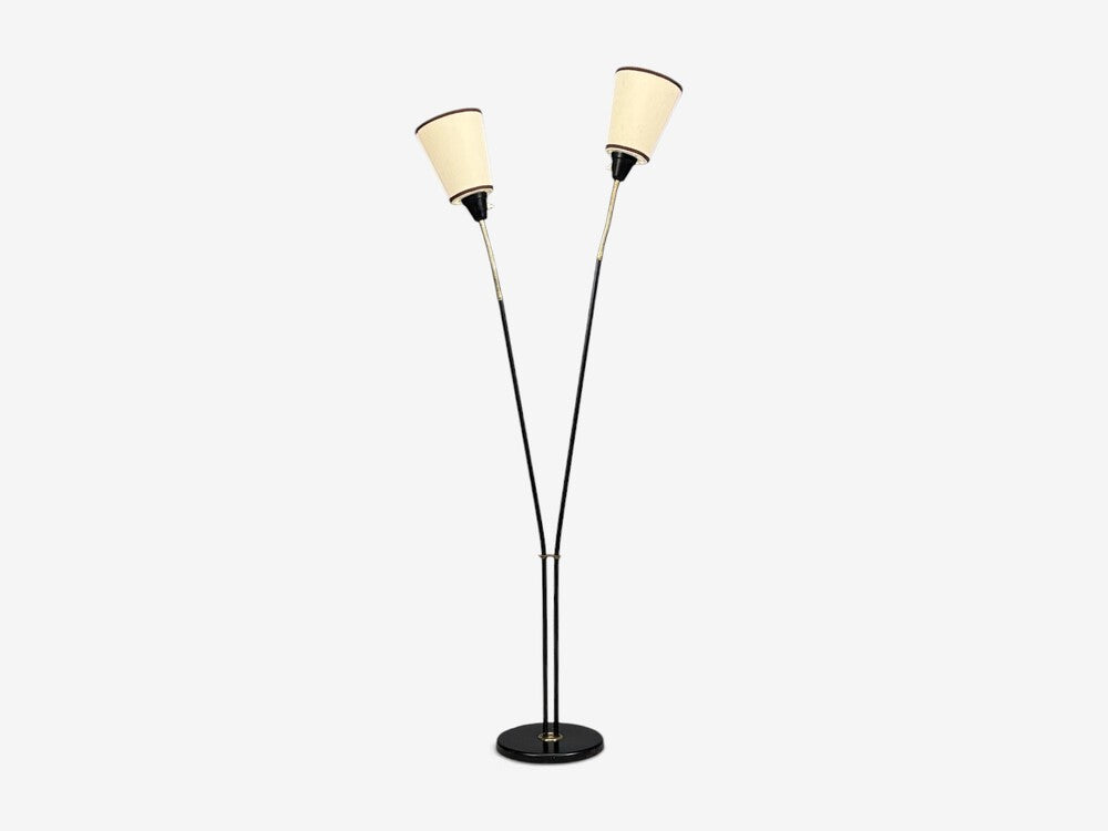 Swedish Modern, Floor Lamp, Black Lacquered Metal, Brass, Fabric, Sweden, 1960s