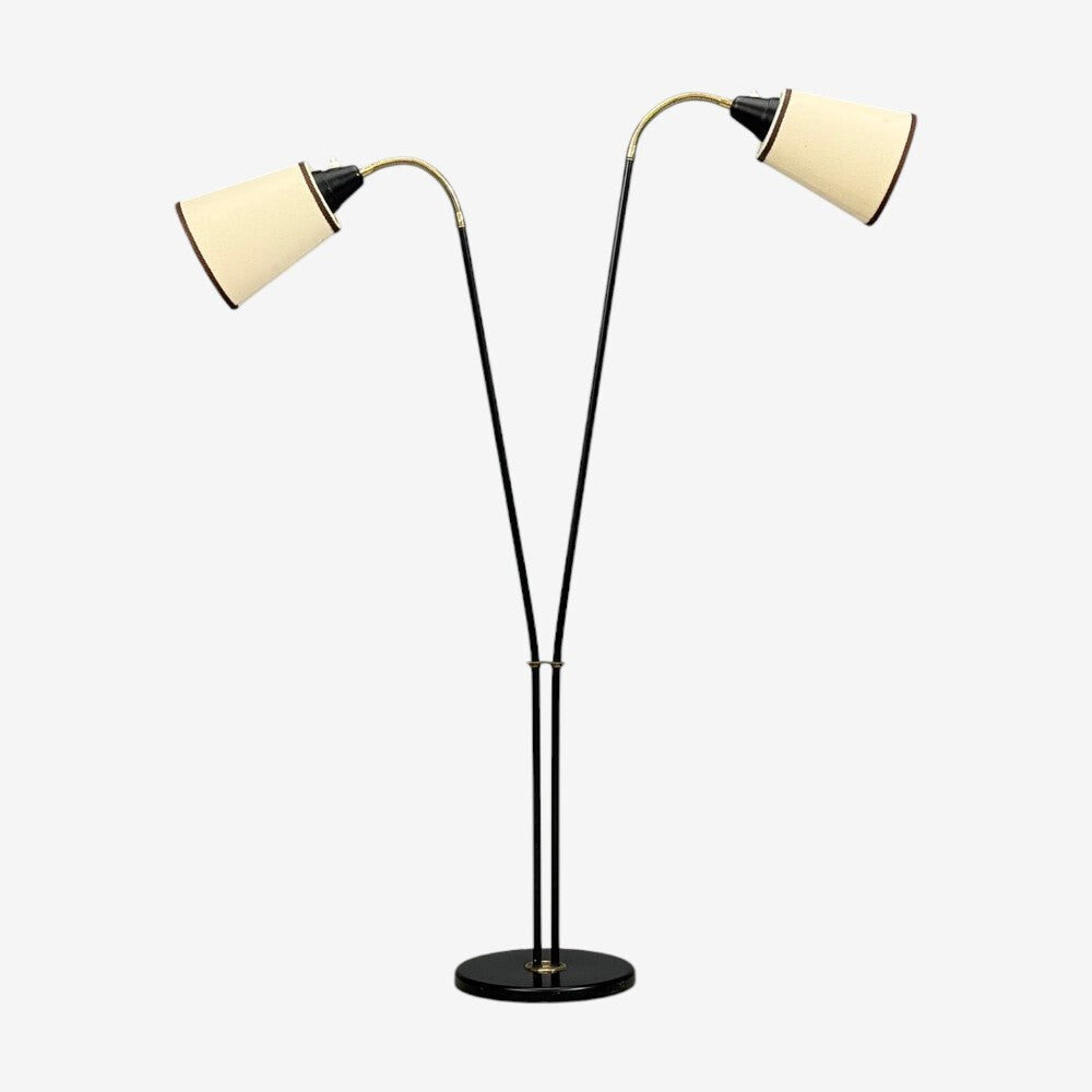 Swedish Modern, Floor Lamp, Black Lacquered Metal, Brass, Fabric, Sweden, 1960s
