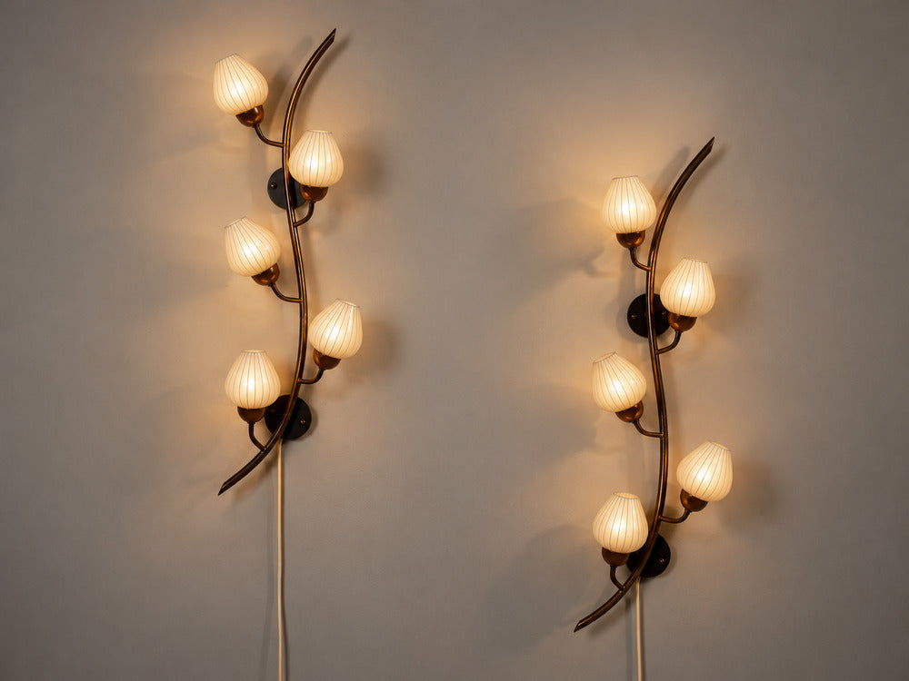 Astra, Monumental Floral Sconces, Copper, Brass, Glass, Norway, 1940s