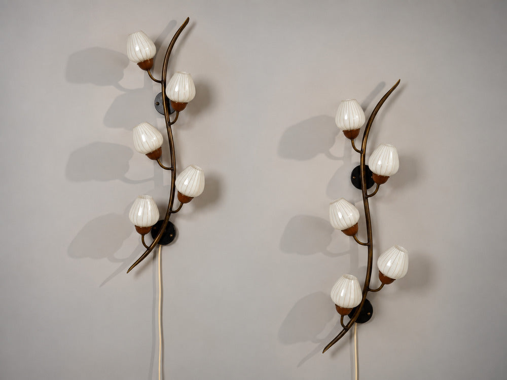 Astra, Monumental Floral Sconces, Copper, Brass, Glass, Norway, 1940s