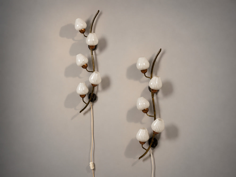 Astra, Monumental Floral Sconces, Copper, Brass, Glass, Norway, 1940s