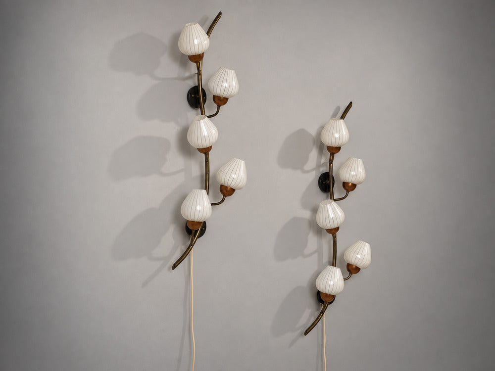 Astra, Monumental Floral Sconces, Copper, Brass, Glass, Norway, 1940s
