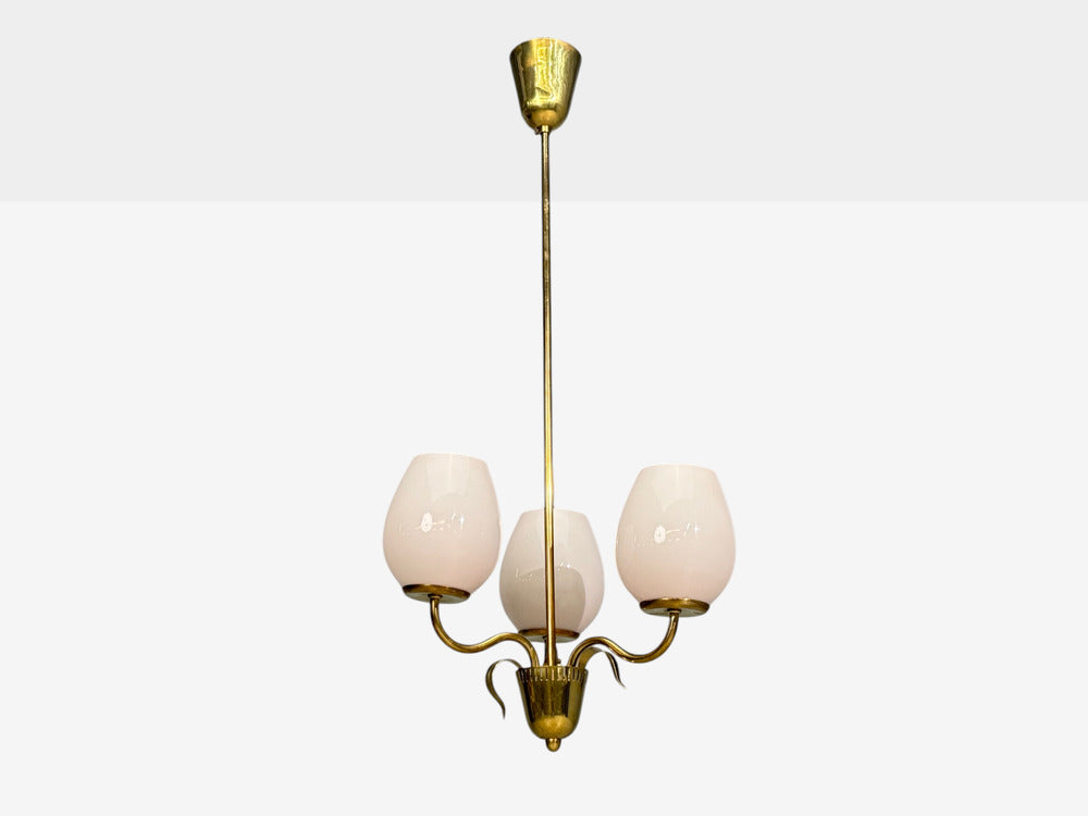 Idman, Finnish Modern, Pendant Light, Brass, Pink Tinted Glass, Finland, 1950s