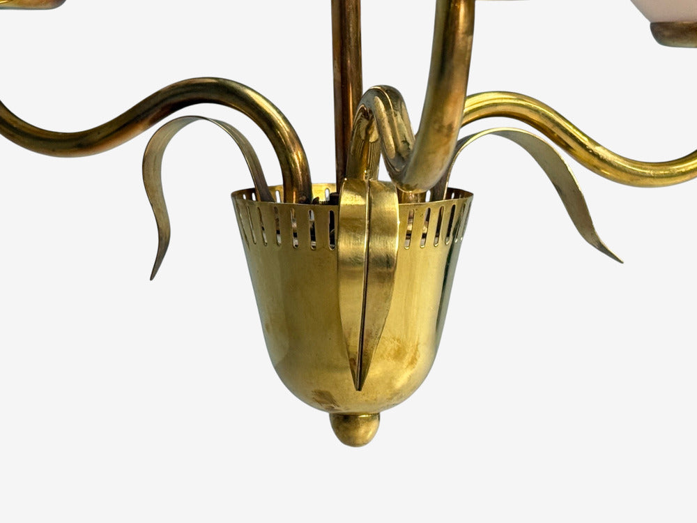 Idman, Finnish Modern, Pendant Light, Brass, Pink Tinted Glass, Finland, 1950s