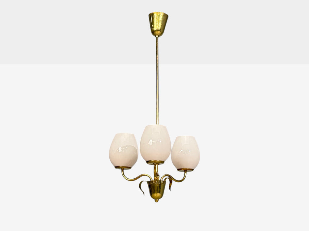 Idman, Finnish Modern, Pendant Light, Brass, Pink Tinted Glass, Finland, 1950s