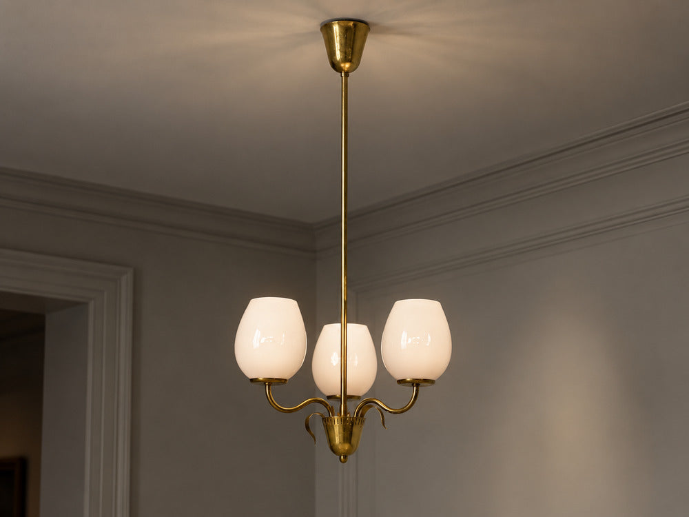 Idman, Finnish Modern, Pendant Light, Brass, Pink Tinted Glass, Finland, 1950s