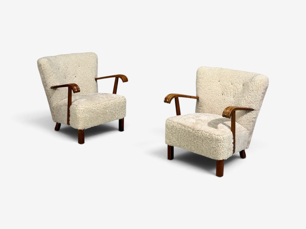Danish Cabinetmaker, Lounge Chairs, Shearling, Beech, 1940s