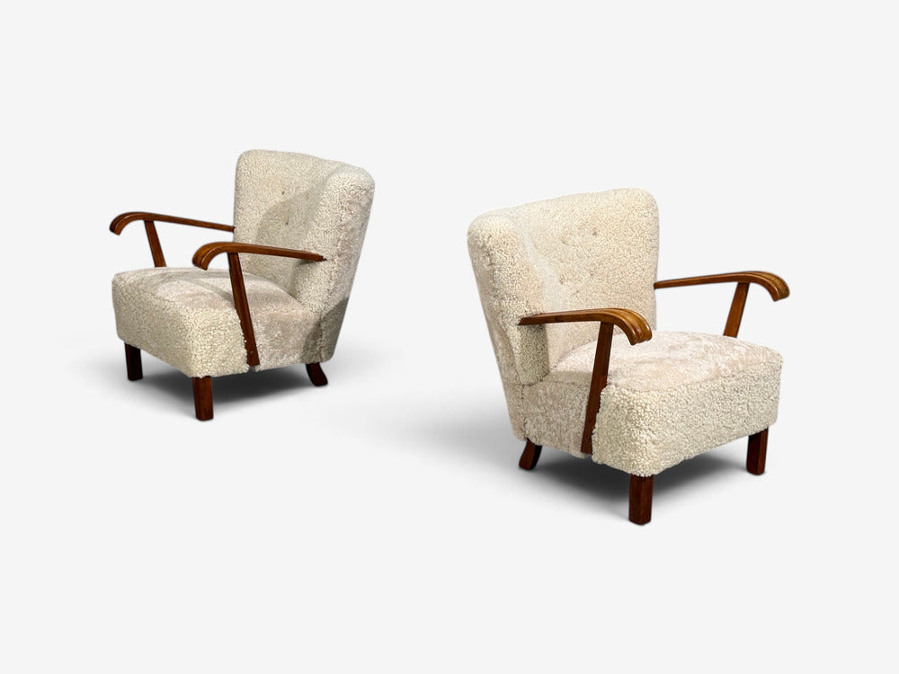 Danish Cabinetmaker, Lounge Chairs, Shearling, Beech, 1940s