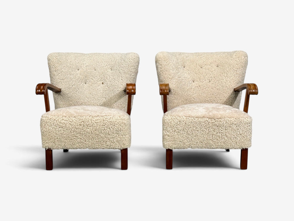 Danish Cabinetmaker, Lounge Chairs, Shearling, Beech, 1940s