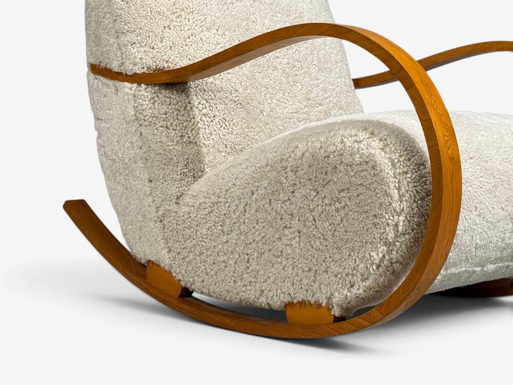 Swedish Modern, Rocking Chair, Elmwood, Beige Shearling, Sweden, 1940s