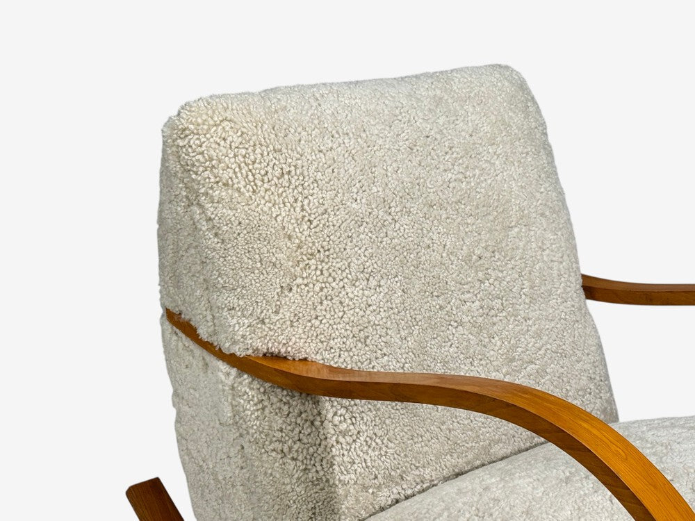 Swedish Modern, Rocking Chair, Elmwood, Beige Shearling, Sweden, 1940s