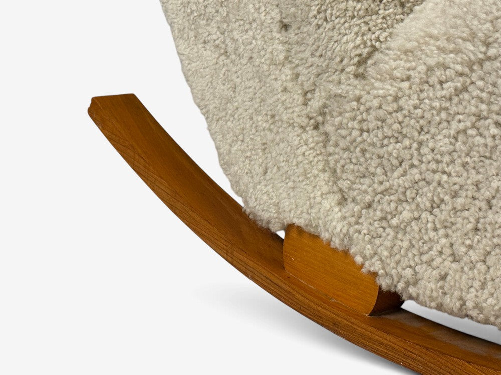 Swedish Modern, Rocking Chair, Elmwood, Beige Shearling, Sweden, 1940s