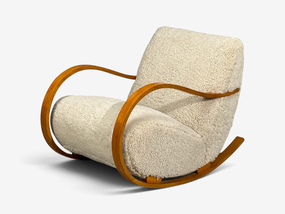 Swedish Modern, Rocking Chair, Elmwood, Beige Shearling, Sweden, 1940s