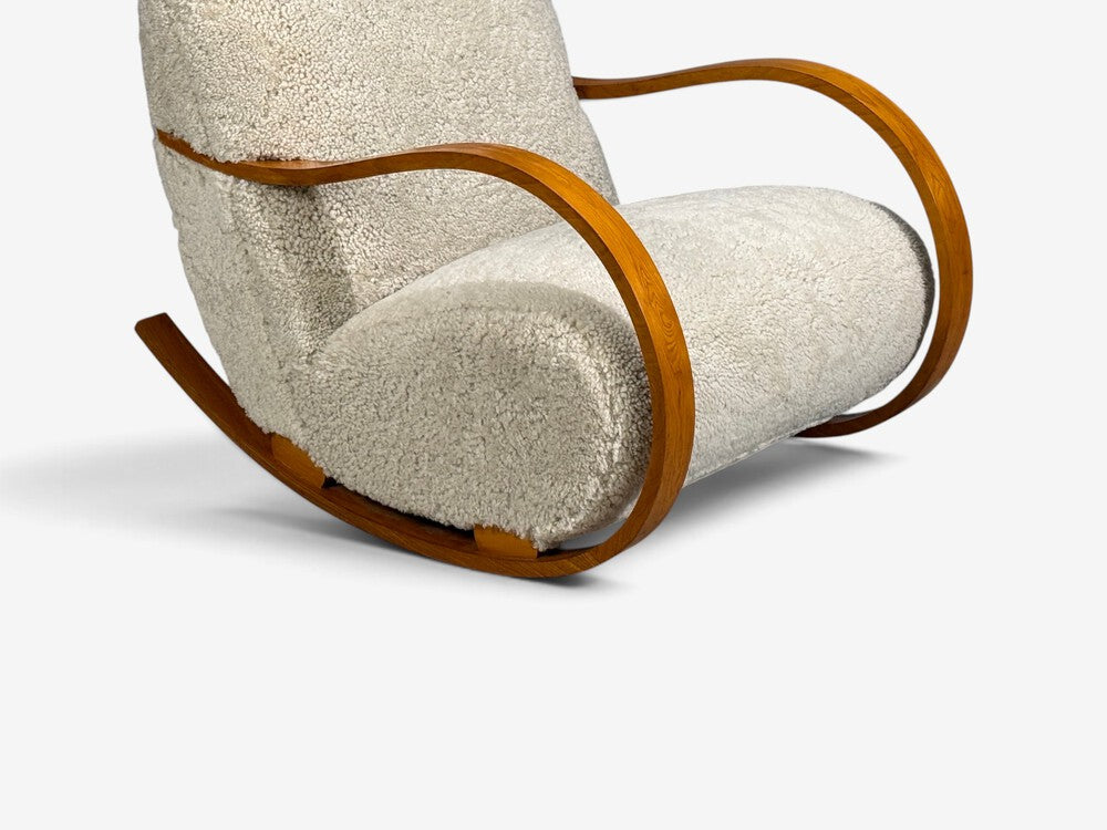 Swedish Modern, Rocking Chair, Elmwood, Beige Shearling, Sweden, 1940s